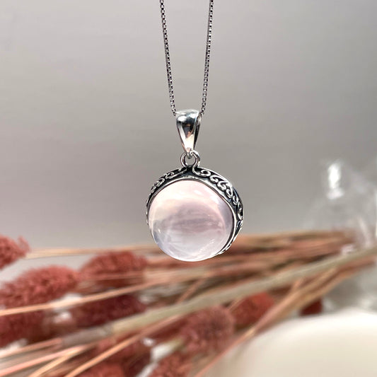 Rose Quartz Round Crystal Necklace Silver 925