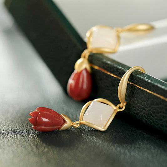 Red Agate and Nephrite Silver Earrings Matte Gold Plated