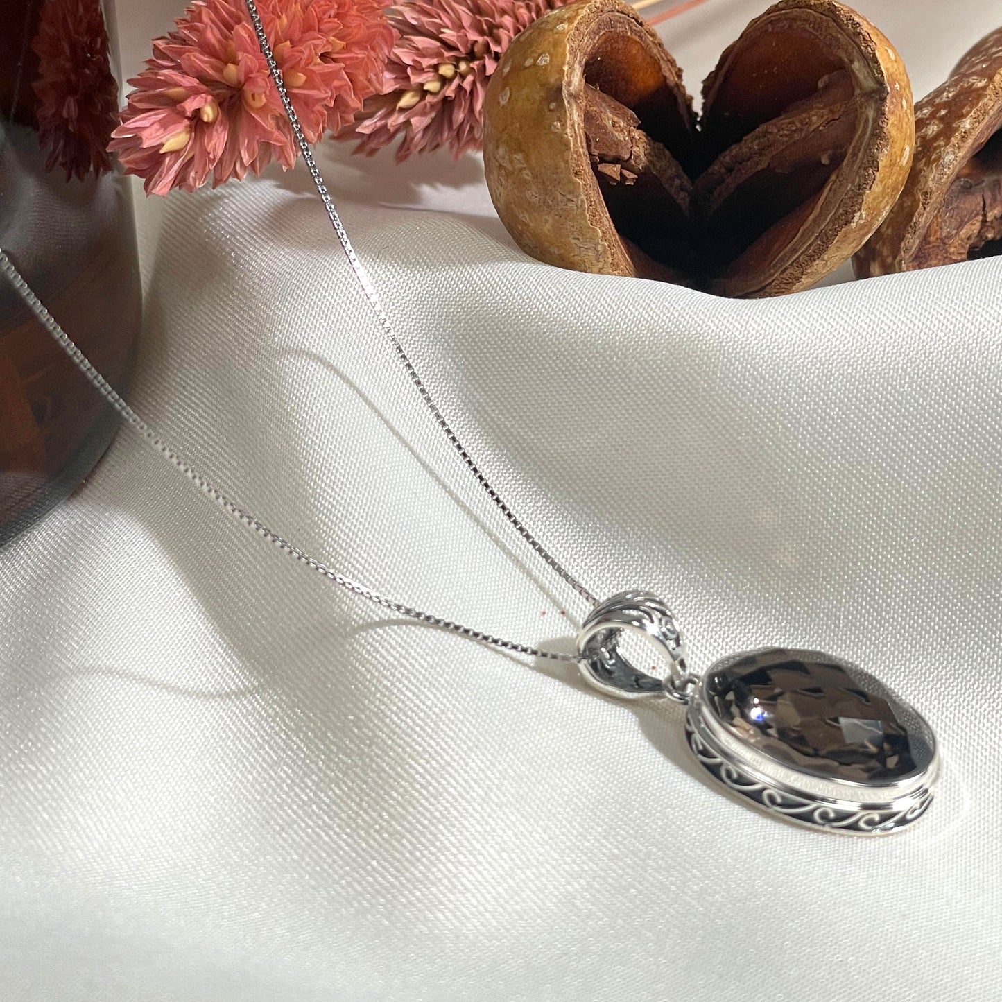 Smokey Quartz Oval Necklace Silver 925