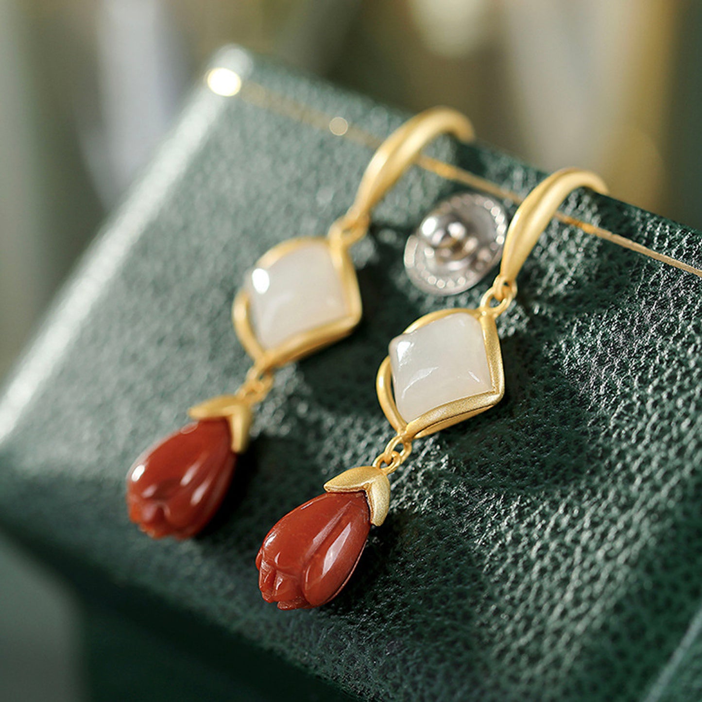 Red Agate and Nephrite Silver Earrings Matte Gold Plated