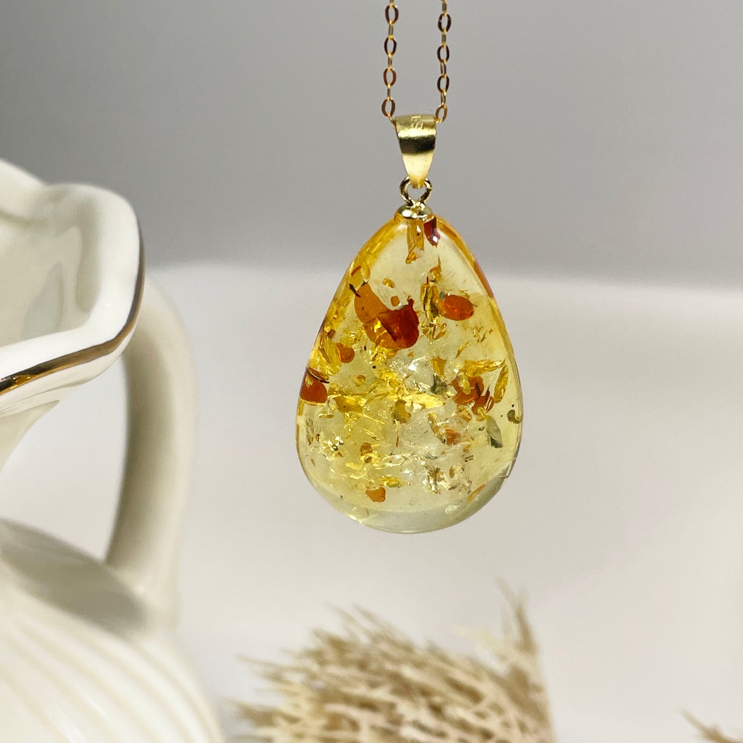 Amber Teardrop Necklace Silver 925 Gold Plated 14k