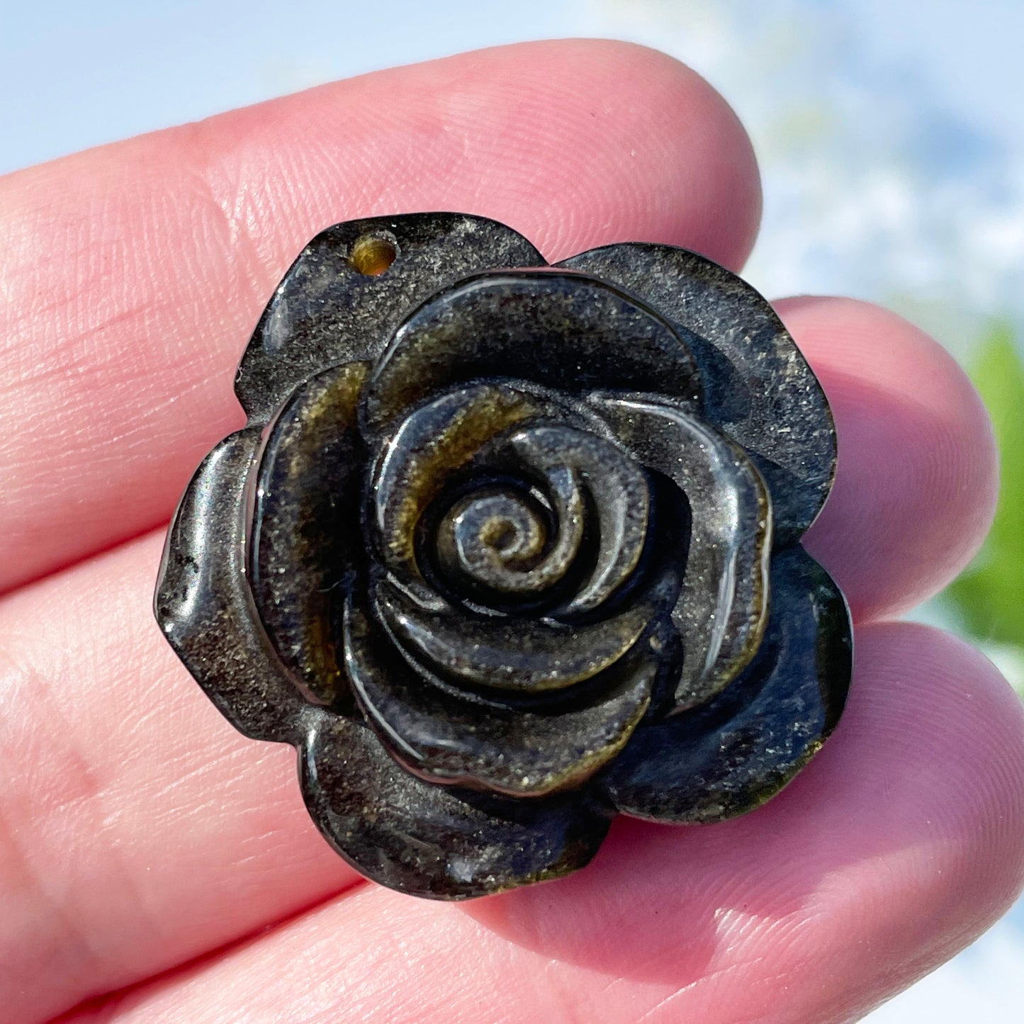 Rose Flower Gold Sheen Obsidian Gold Flash Carved Crystal 1.18 inch